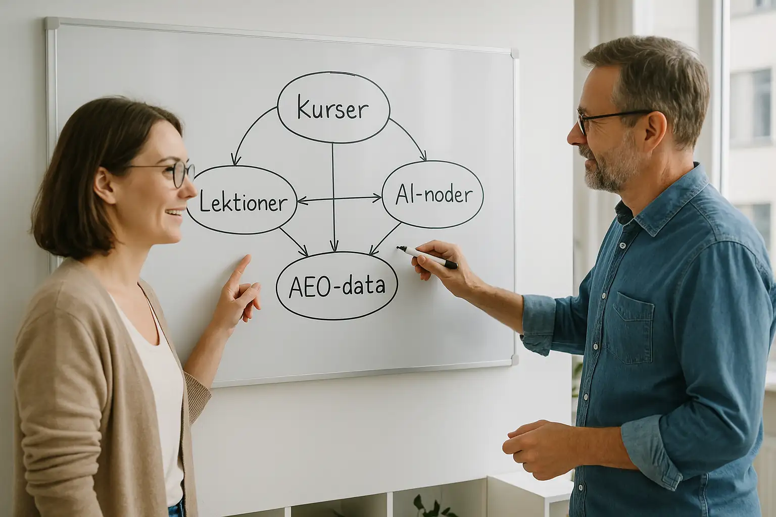 Svenska personer ritar upp AEO-strukturen över kurser, lektioner och noder på whiteboard.
