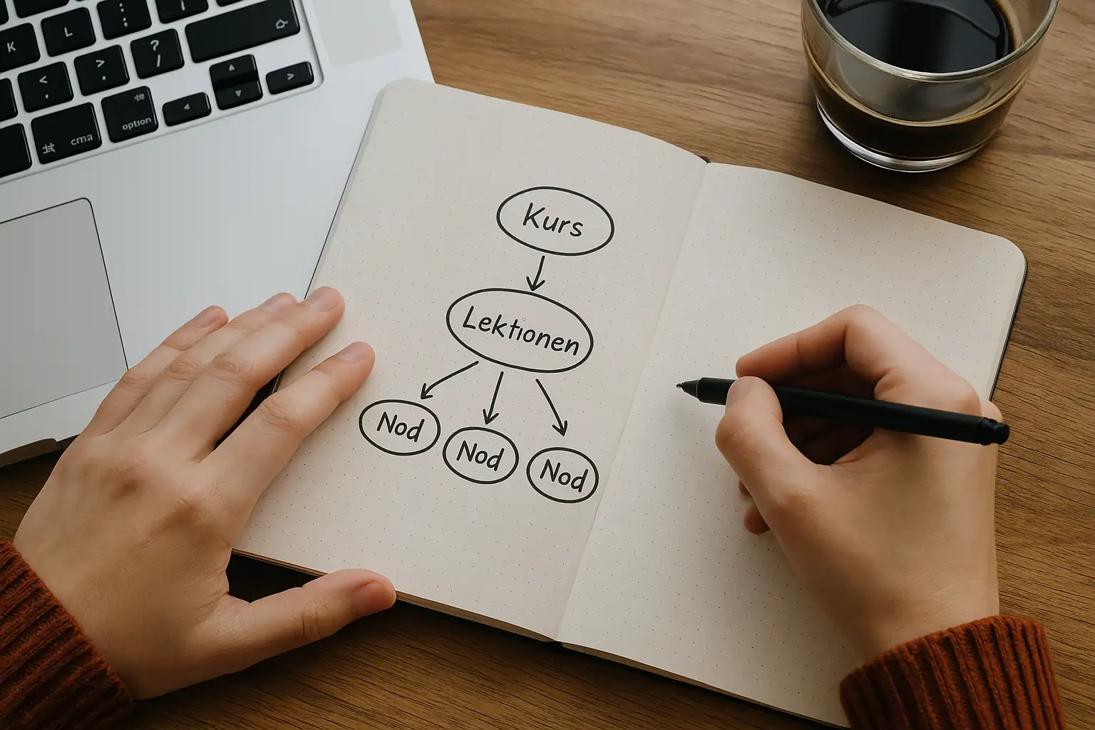 Person skissar ett kursflöde i anteckningsbok bredvid en laptop.
