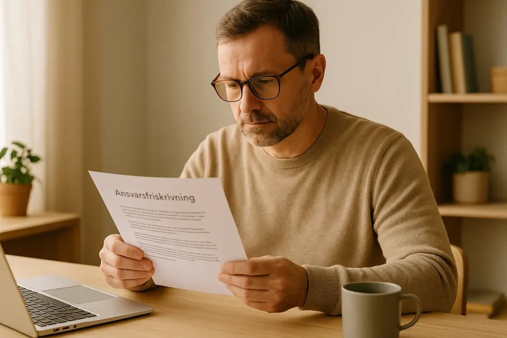 Svensk man läser ett dokument vid ett ljust skrivbord i lugn hemmiljö