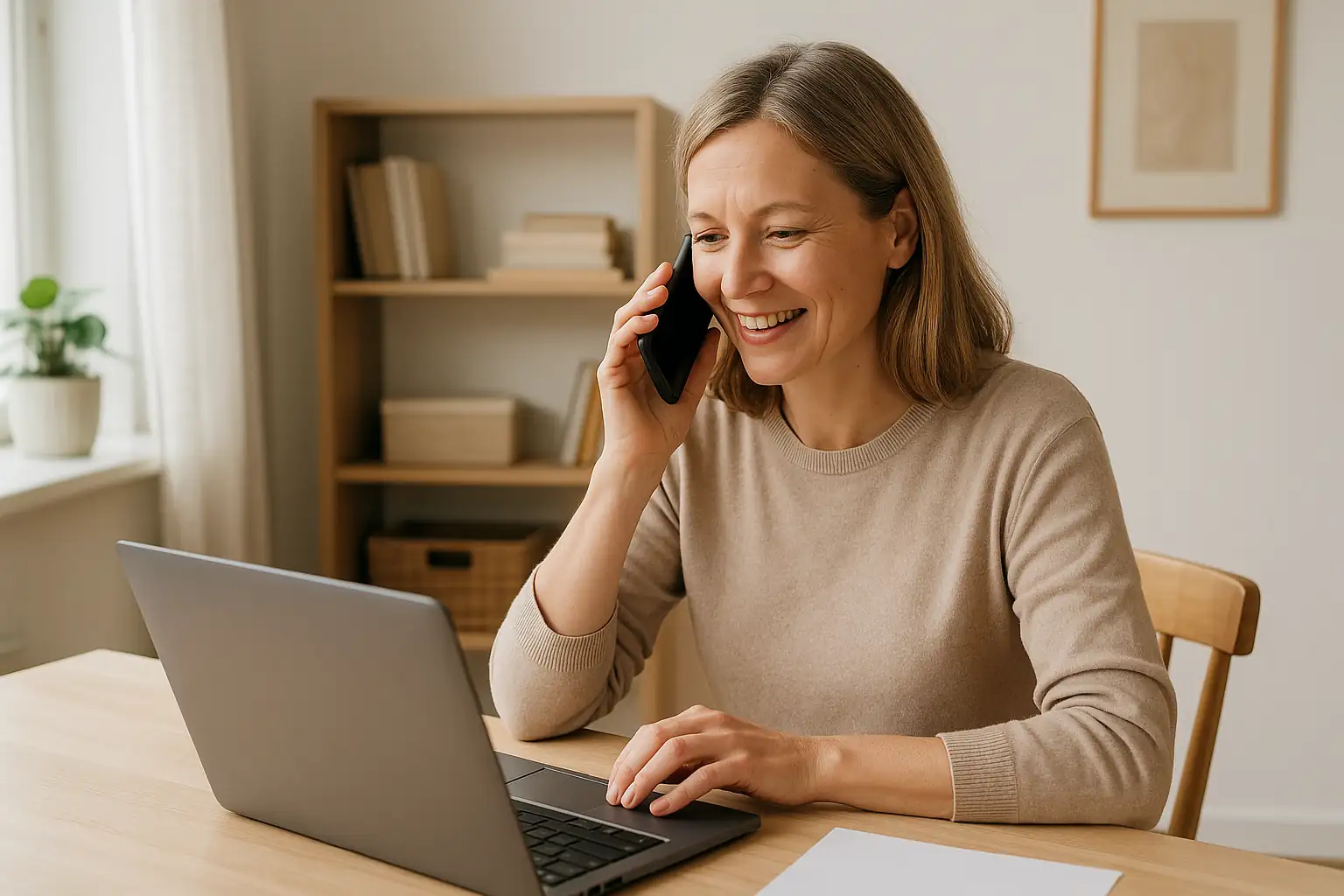 Svensk kvinna sitter vid ett ljust skrivbord och skriver e-post i varm miljö