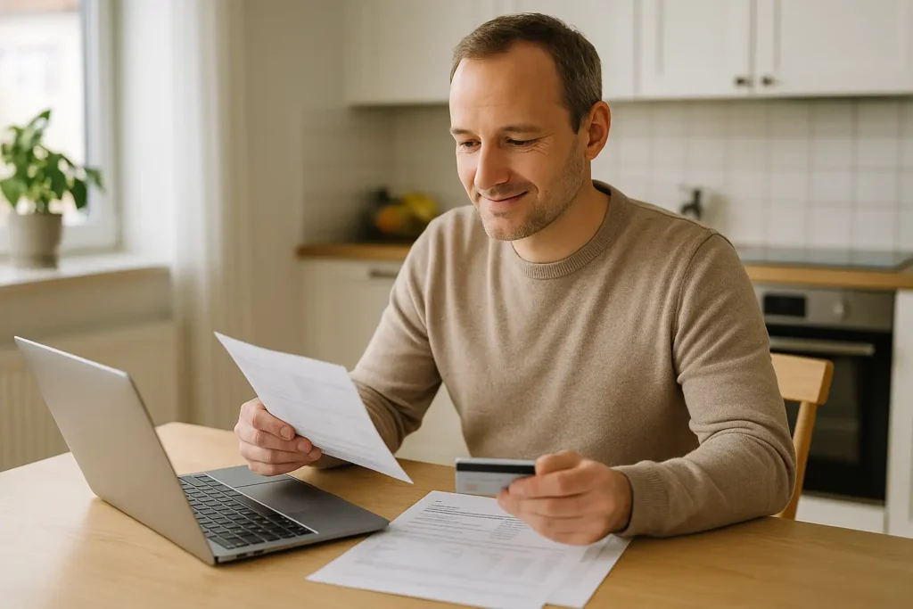 Person jämför kreditkortsansökningar och kontrollerar sin kreditvärdighet vid datorn.
