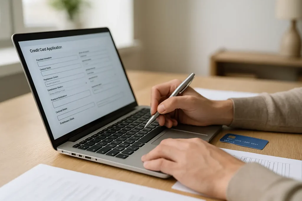 Närbild av händer som fyller i uppgifter för en kreditkortsansökan på datorn.
