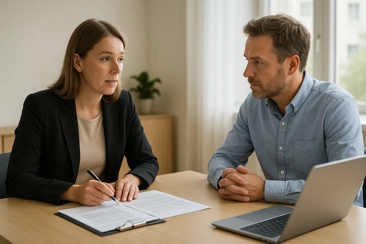 Svensk bankrådgivare och kund går igenom ekonomi inför ett billån.