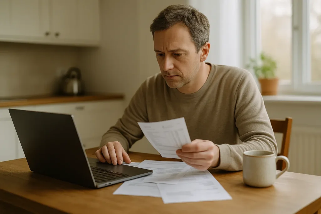 Svensk person går igenom sin ekonomi hemma med räkningar och laptop inför billån.