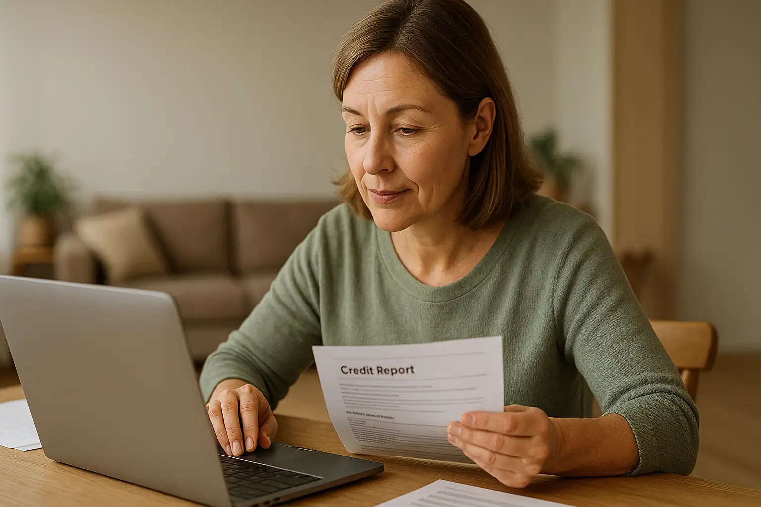 Svensk person som granskar kreditrapport vid laptop i lugn hemmamiljö.