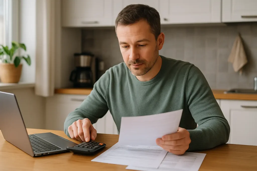 Man analyserar sin ekonomi med miniräknare och dokument vid köksbordet.