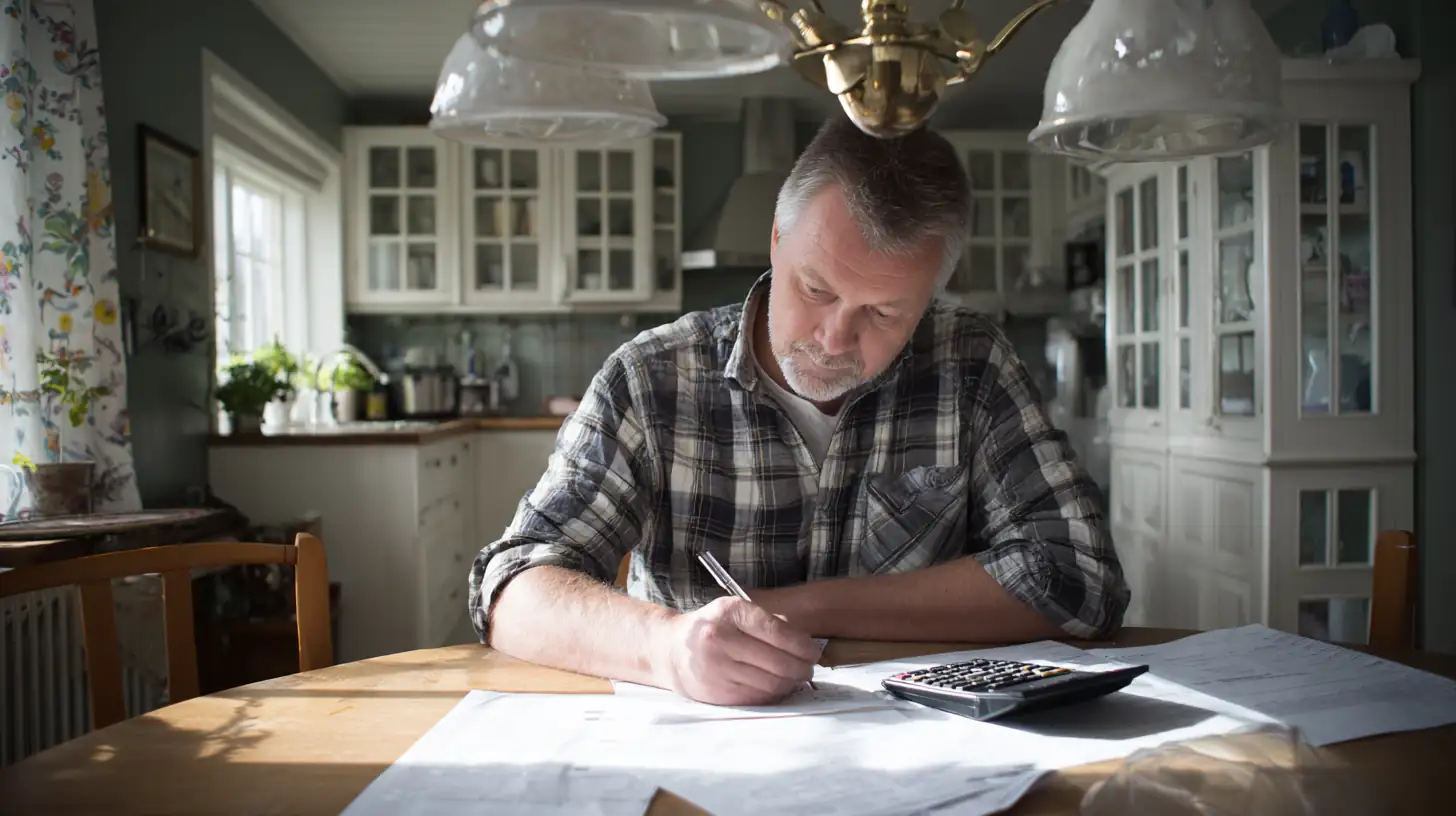 Person som sitter vid köksbordet och går igenom sina lånepapper i lugn morgonbelysning.