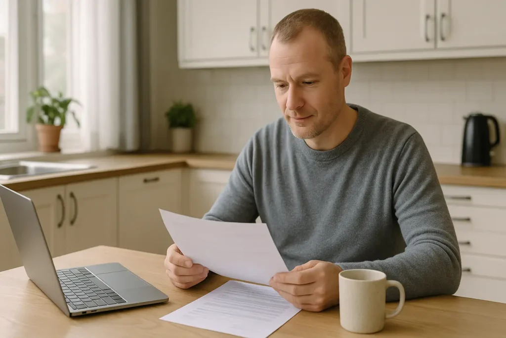 Svensk person går igenom bolånepapper vid köksbordet med dator och kaffe.