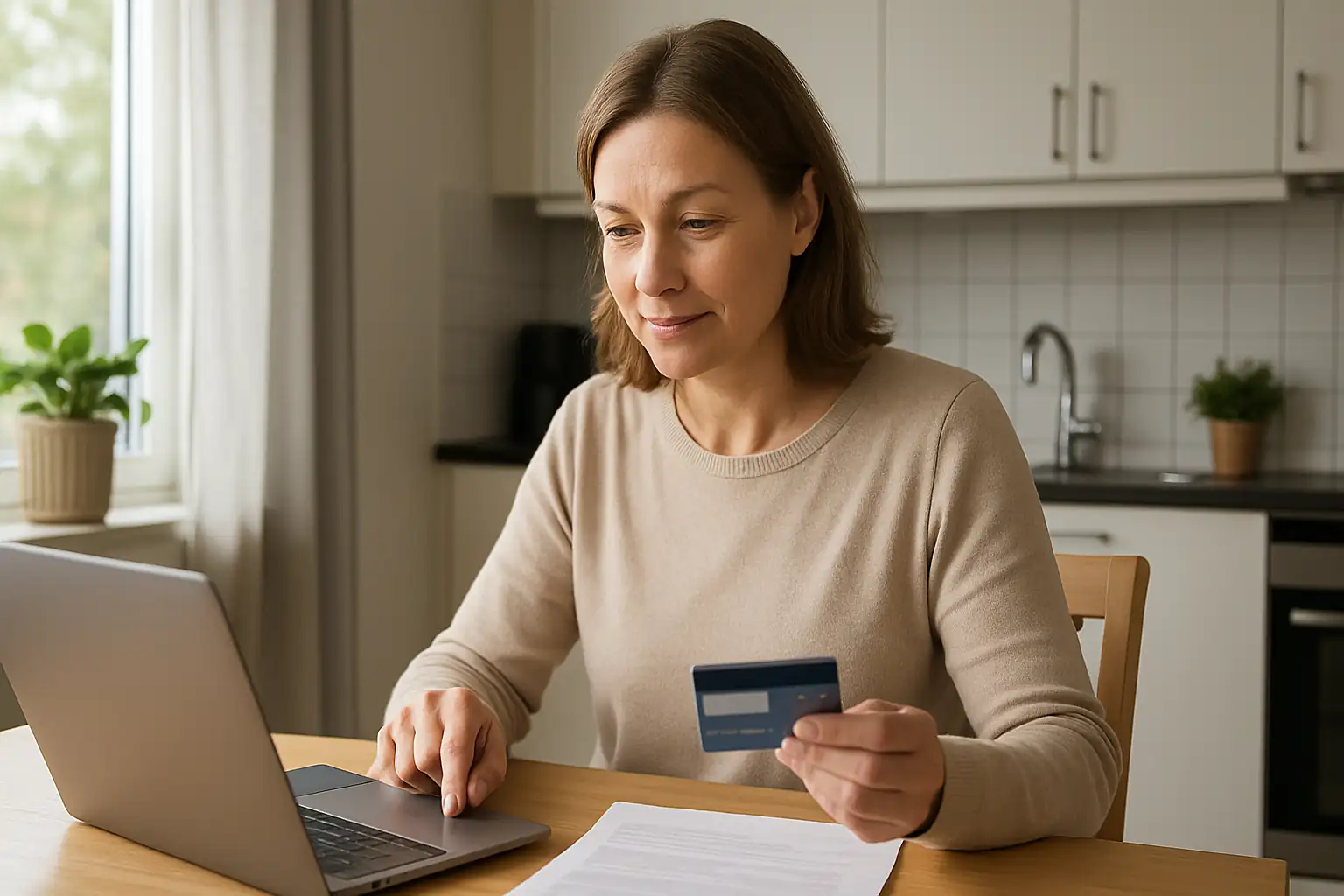 En kvinna betalar med kreditkort samtidigt som hon kontrollerar fakturan på sin dator.
