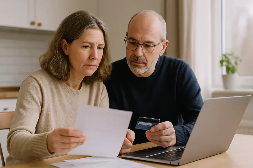 Två personer går igenom sina kreditkortsköp tillsammans vid köksbordet.