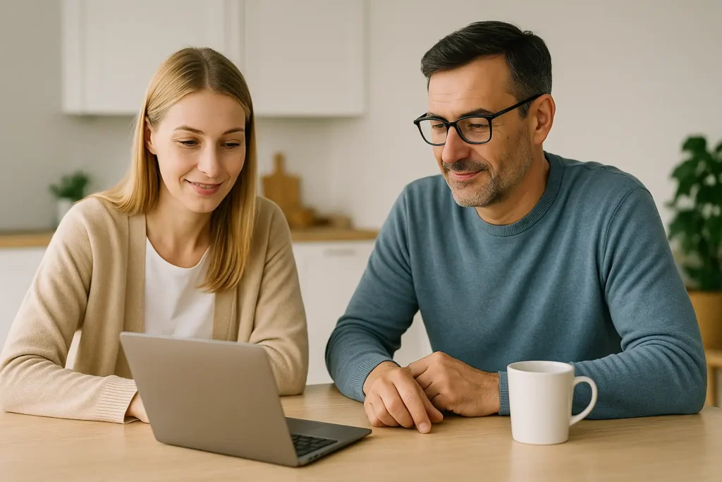 Två svenska personer som går igenom lånevillkor vid datorn hemma i dagsljus.