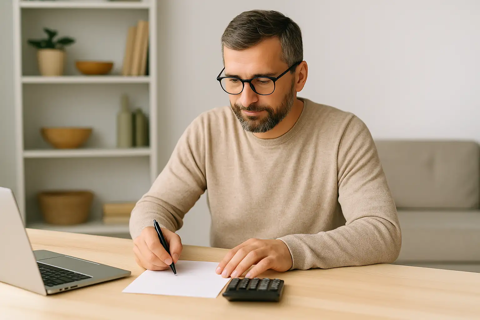 Svensk man fyller i låneansökan på dator hemma med papper bredvid sig.