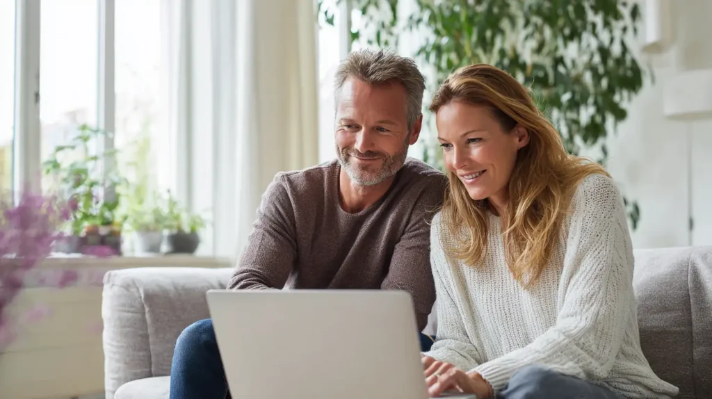 Man och kvinna jämför olika räntor på billån på en laptop hemma.