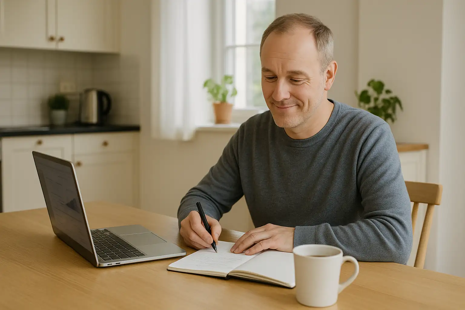 Svensk person går igenom bolånepapper me räntan vid köksbordet med dator och kaffe.
