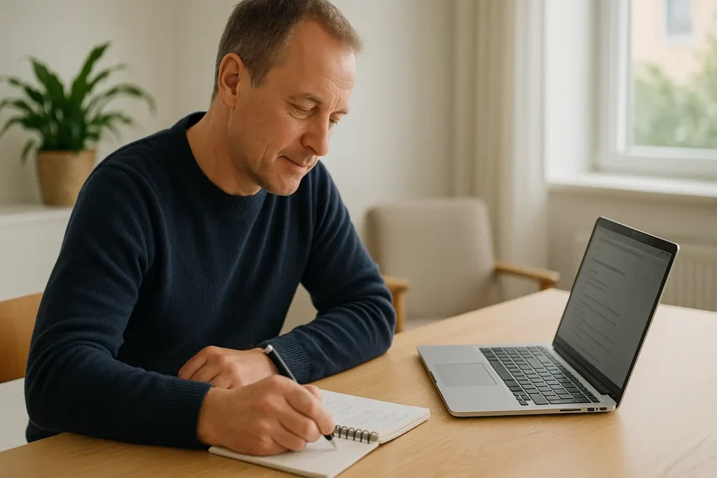 Svensk person räknar på bolåneränta i anteckningsbok bredvid laptop.