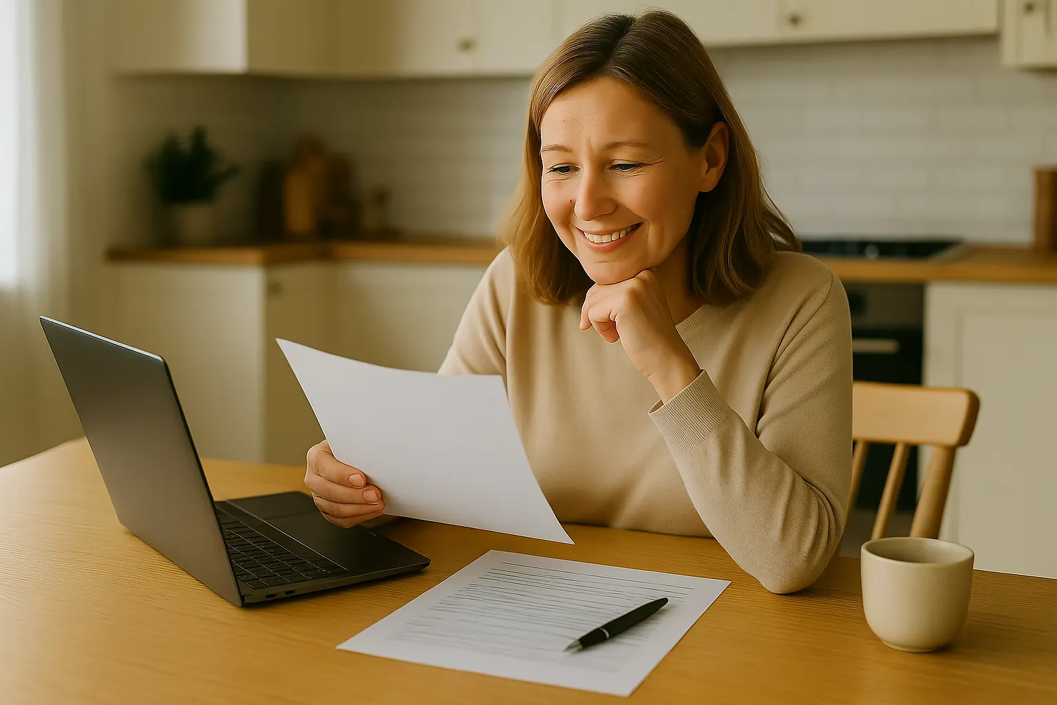 En kvinna sitter vid köksbordet och läser om hur räntan på privatlån fungerar