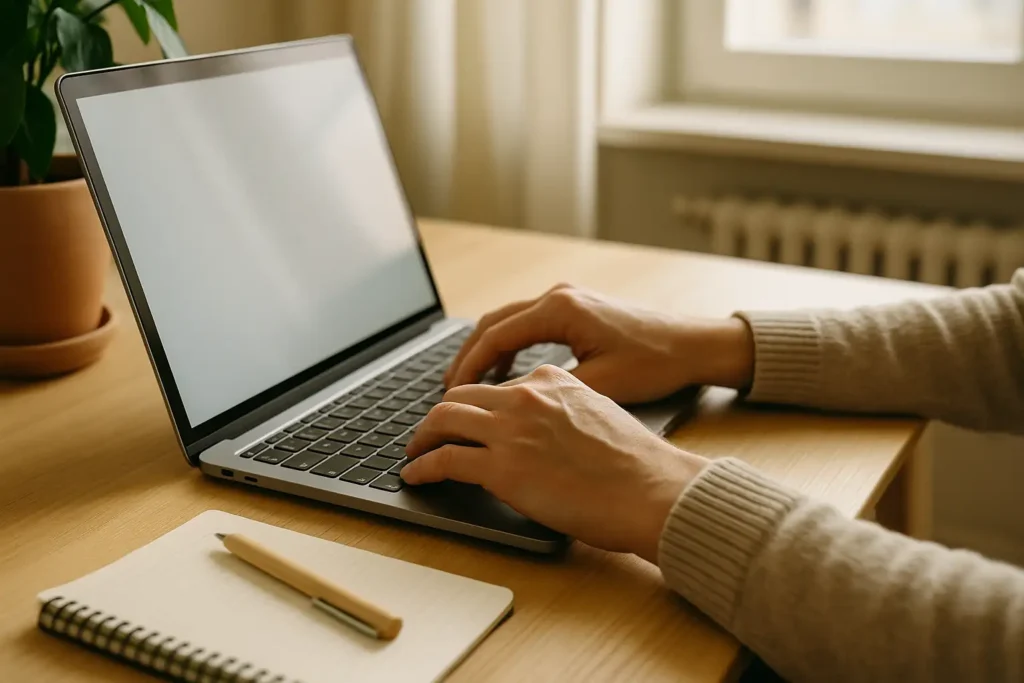 Händer som skriver på en laptop i ett ljust svenskt hemkontor