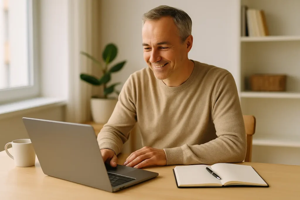 Svensk man arbetar vid ett ljust skrivbord och svarar på e-post i en varm, lugn miljö