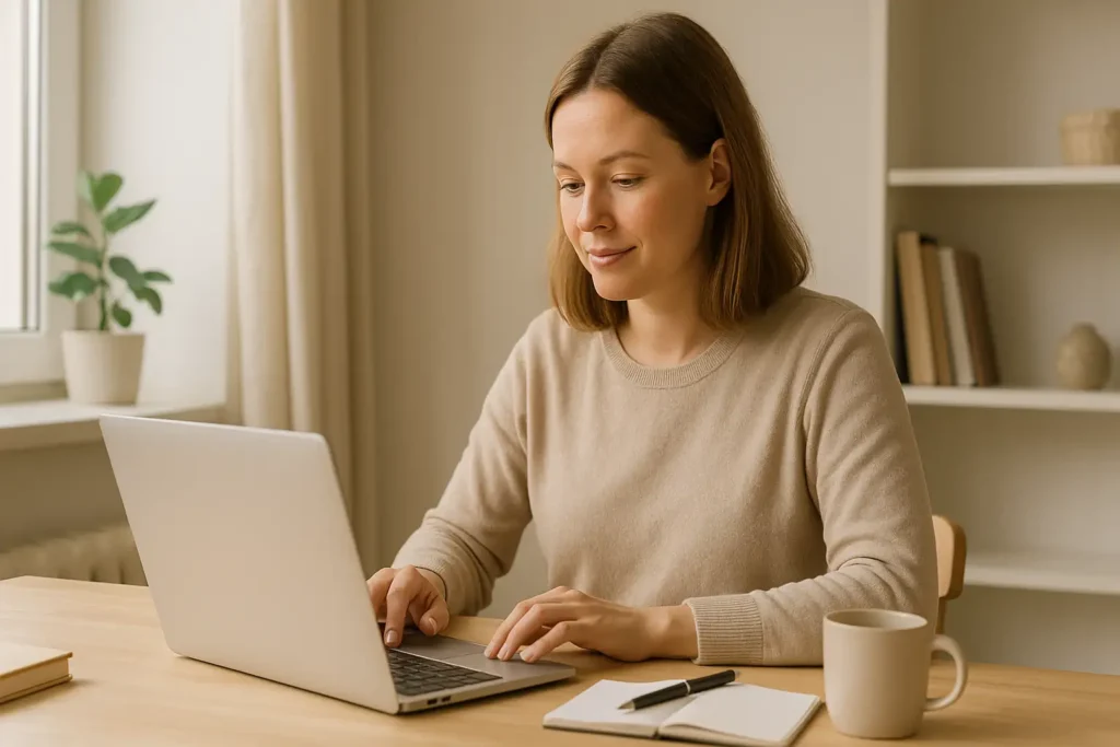 Svensk kvinna sitter vid ett ljust skrivbord och skriver e-post i lugn miljö
