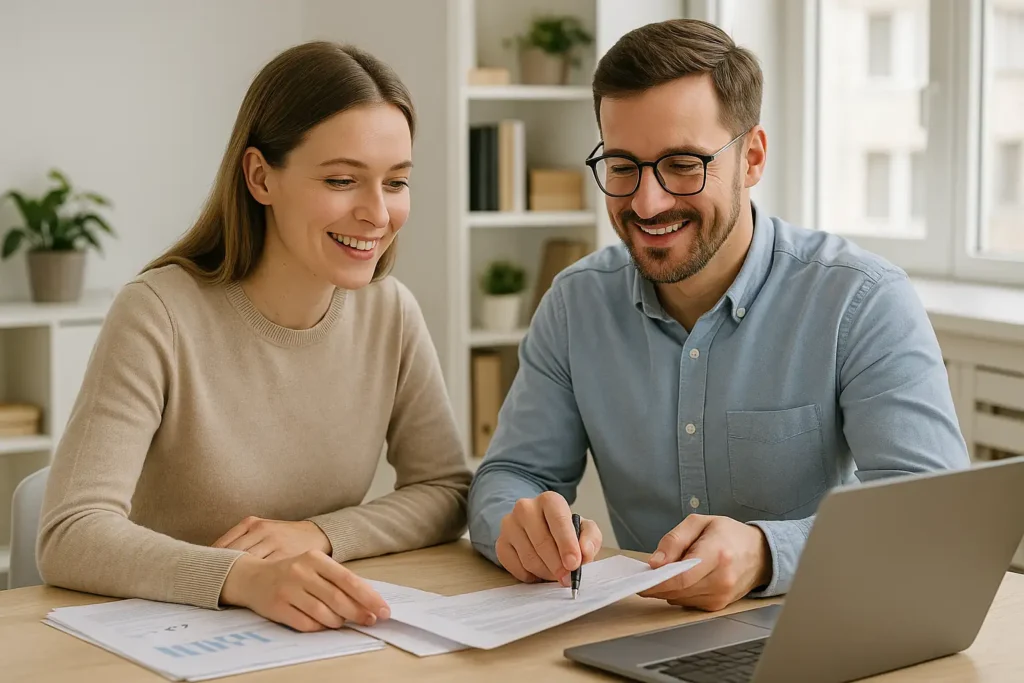 Två svenska vuxna i modern kontorsmiljö samarbetar kring ekonomiskt utbildningsmaterial. Bilden symboliserar kunskap, samarbete och folkbildning på GratisEkonomikurser.se.