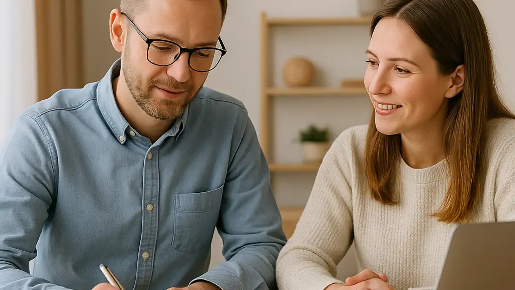 Två personer samarbetar vid ett ljust skrivbord och diskuterar ekonomiskt utbildningsmaterial