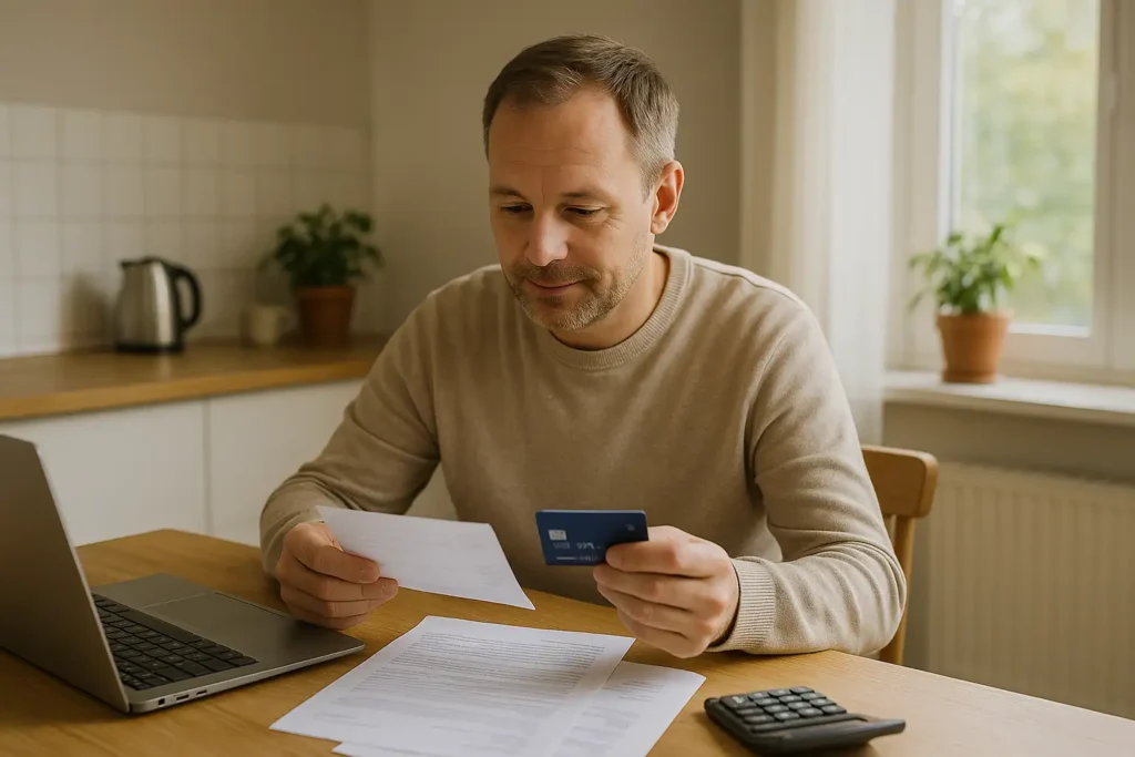 Person jämför kreditkort och läser om årsavgift och valutapåslag.
