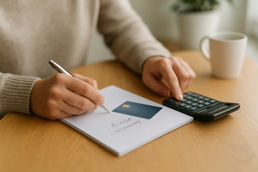 Närbild av händer som skriver ner avgifter på kreditkort.
