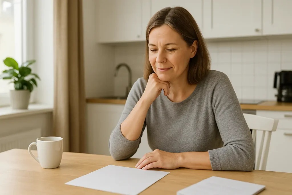 Svensk person som sitter vid köksbordet och funderar på att köpa bil med hjälp av lån.