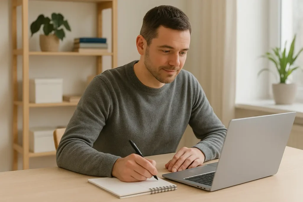 Man räknar på kostnaden för ett billån vid sin dator med block och penna.
