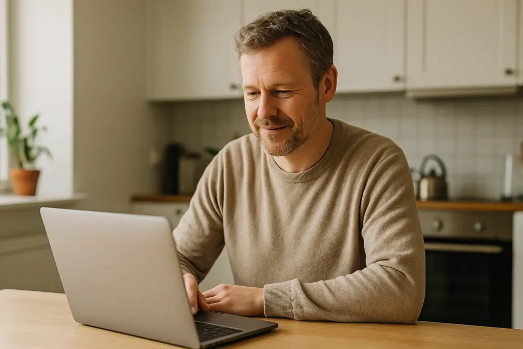 Svensk person sitter vid köksbordet och läser om bolån på datorn med lugnt uttryck.