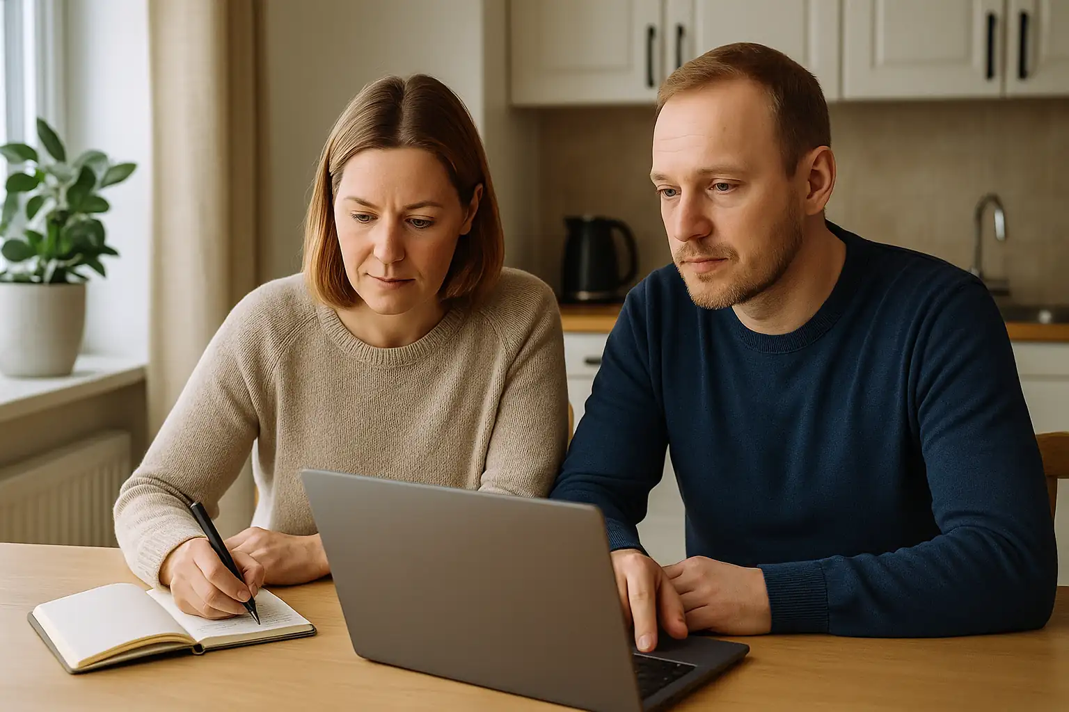 Svensk man och kvinna räknar på bolån tillsammans vid laptop och anteckningsbok.