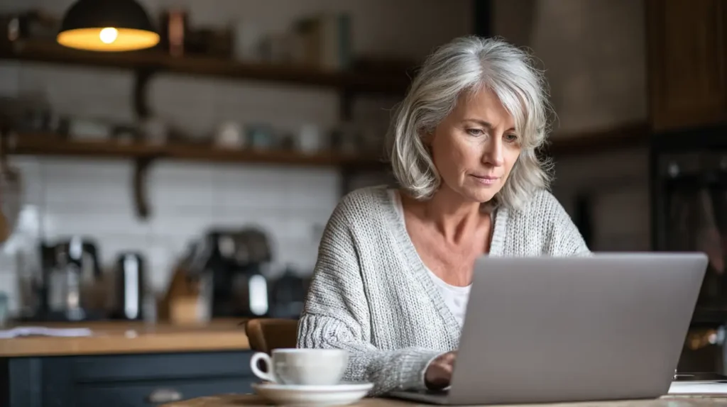 Svensk person som jämför olika billån och räknar på effektiv ränta hemma vid köksbordet.