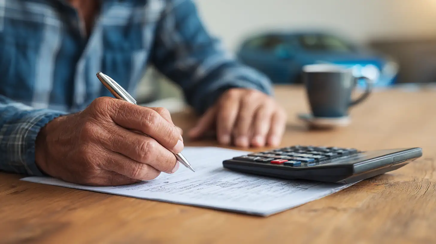 Man räknar på kostnaden för sitt billån med miniräknare och anteckningar.