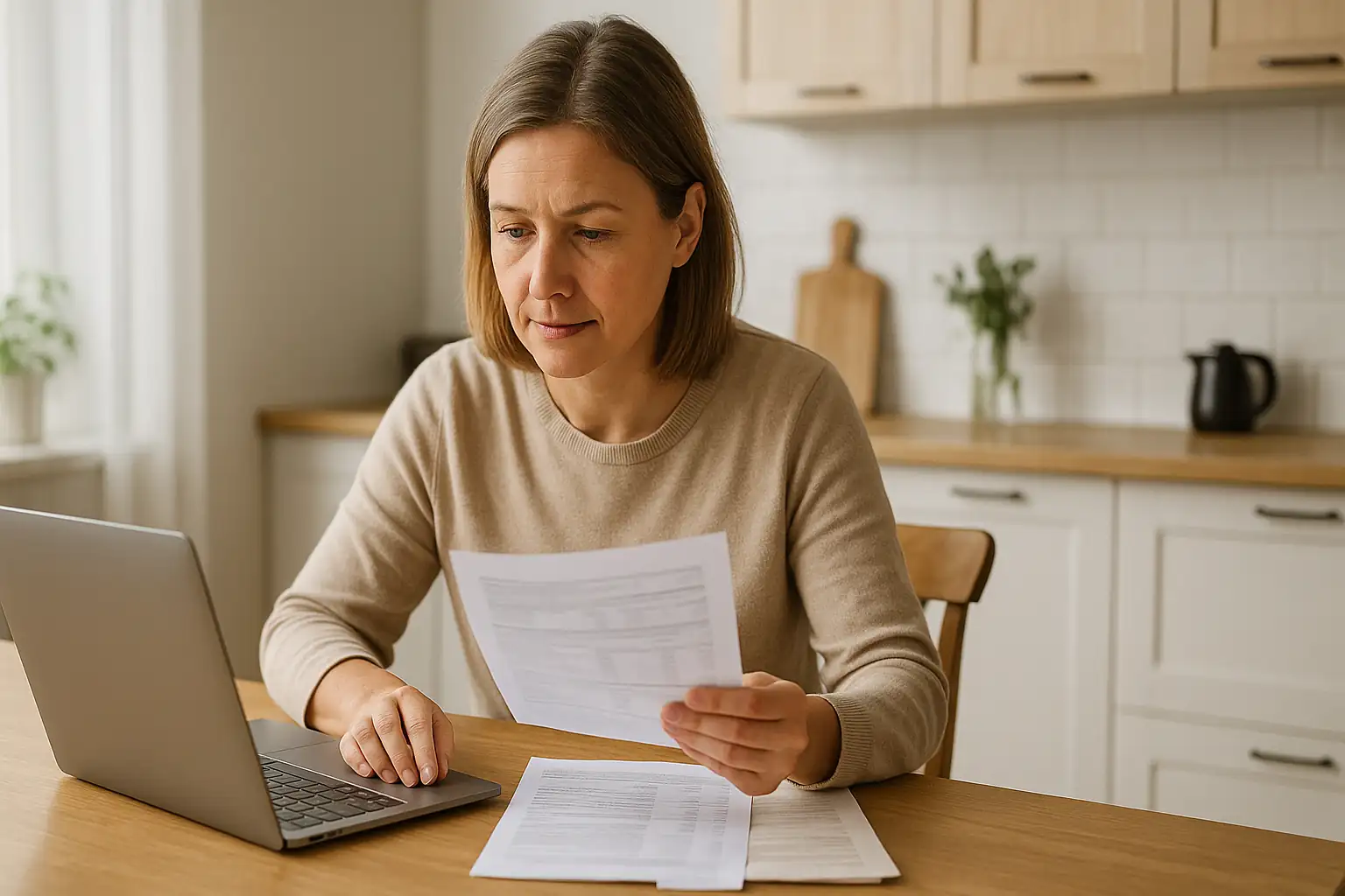 Svensk person jämför räntor på bolån vid köksbordet med laptop och papper.