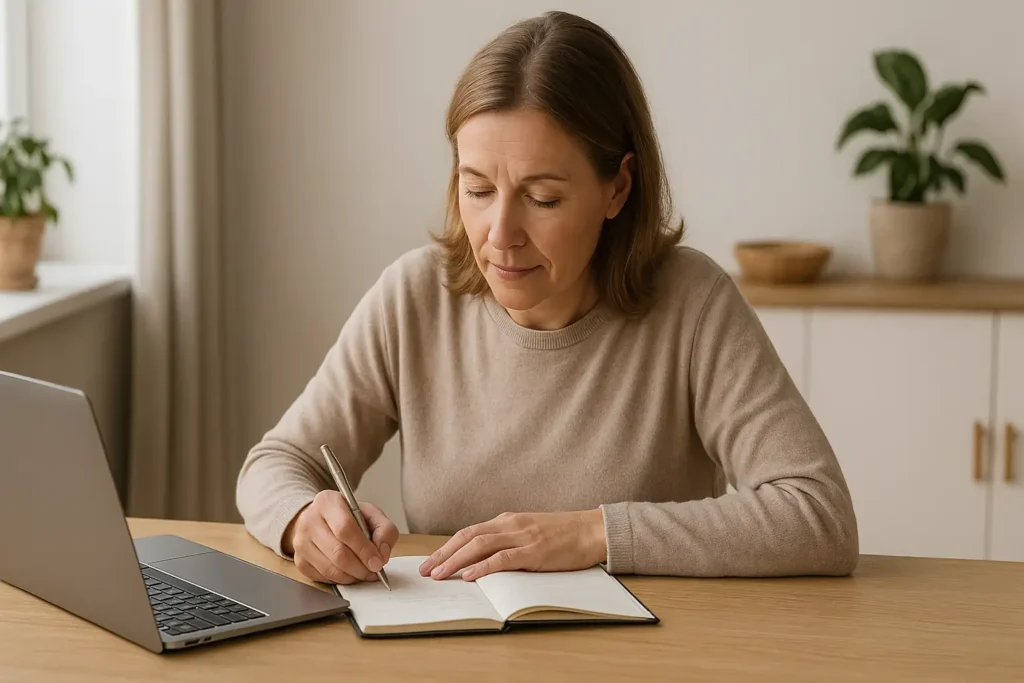 Svensk person räknar ut effektiv ränta i anteckningsbok bredvid dator.