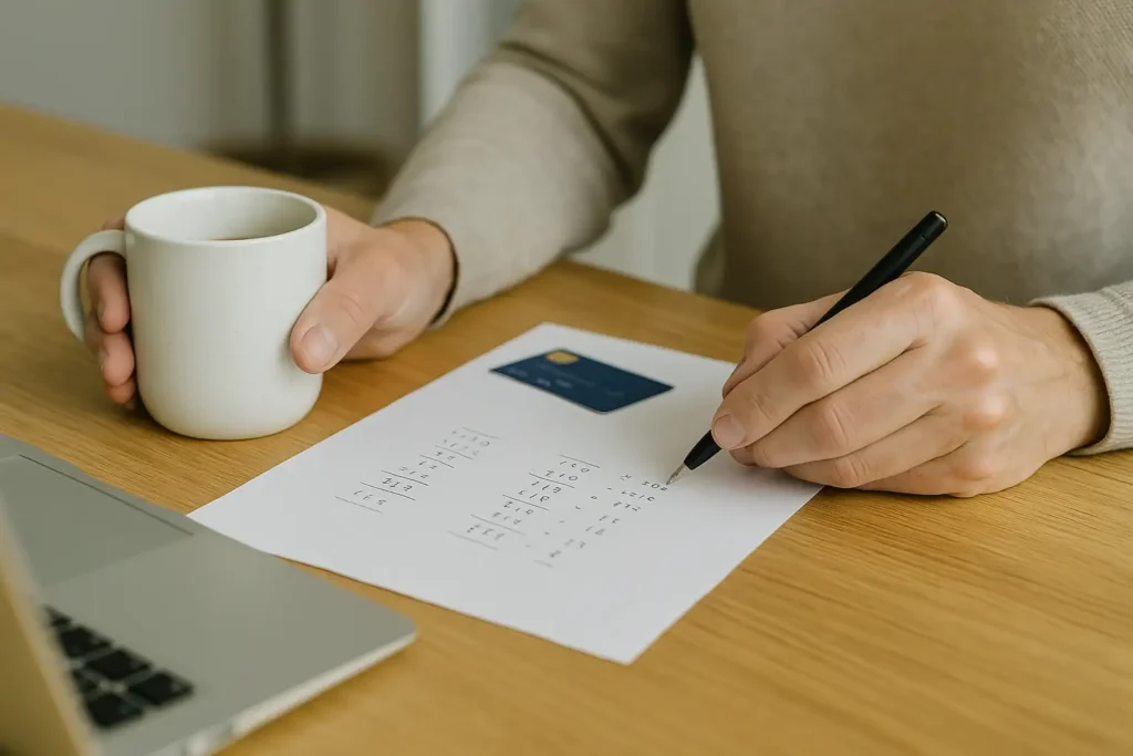 Närbild på händer som räknar den effektiva räntan på kreditkort på papper med penna.
