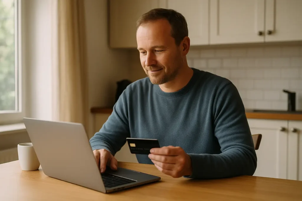 En person betalar med kreditkort vid köksbordet hemma.