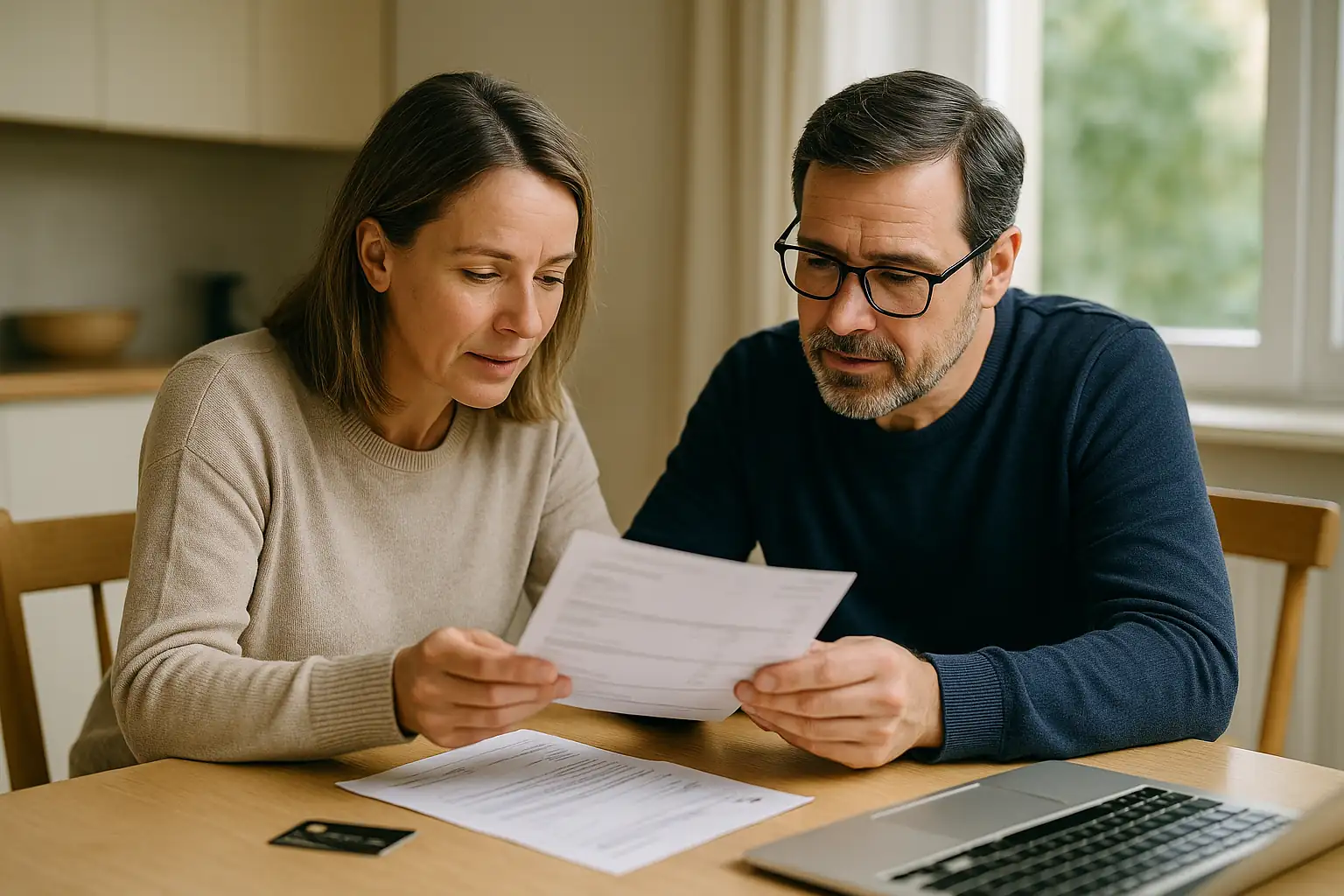 Två personer går igenom en kreditkortsfaktura tillsammans.