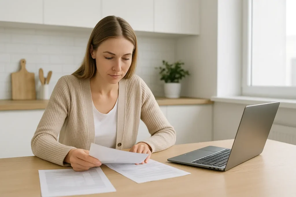 Svensk person som går igenom sin ekonomi vid köksbordet med papper och laptop.