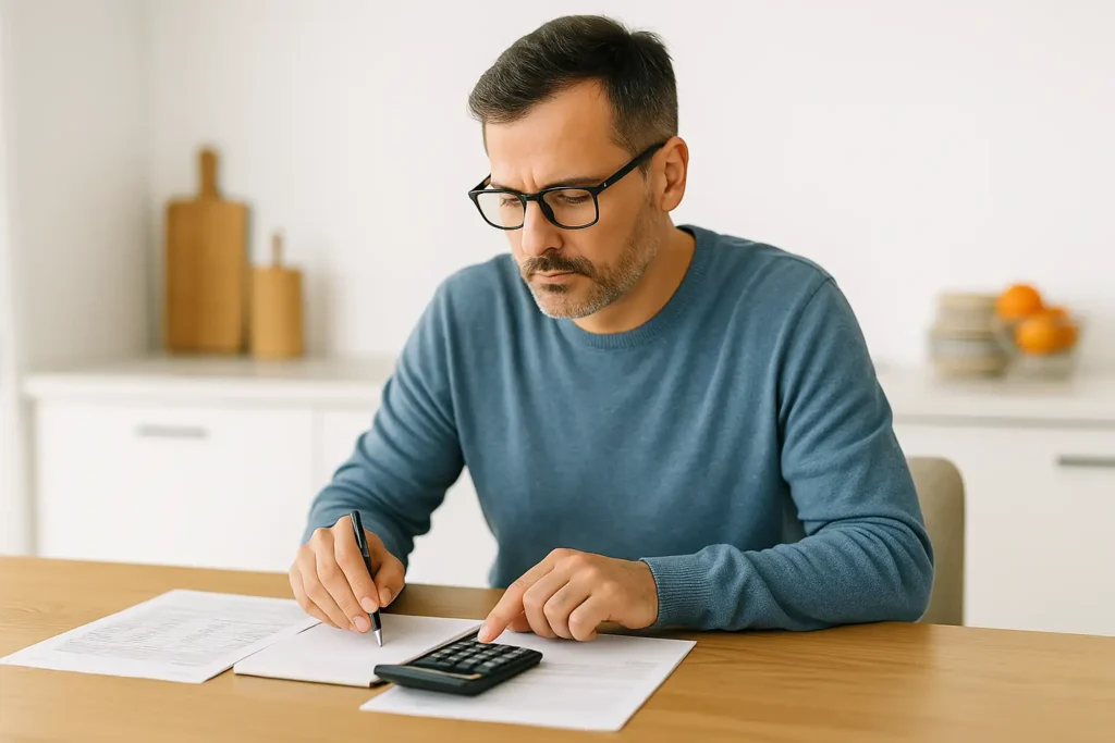 Svensk man räknar på lån med miniräknare och anteckningar hemma.