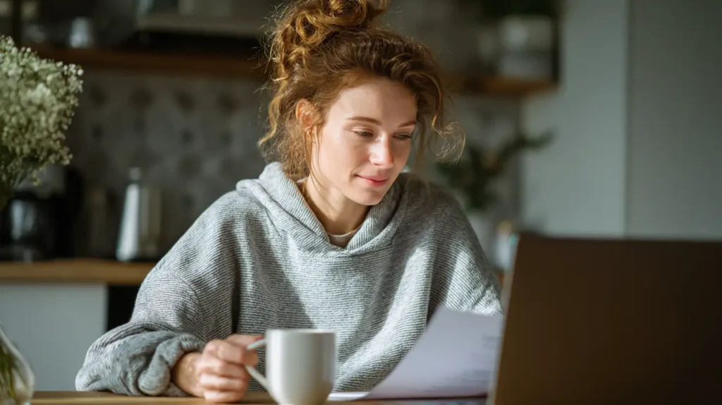 Svensk kvinna som går igenom sitt billåneavtal vid köksbordet med laptop och kaffe.