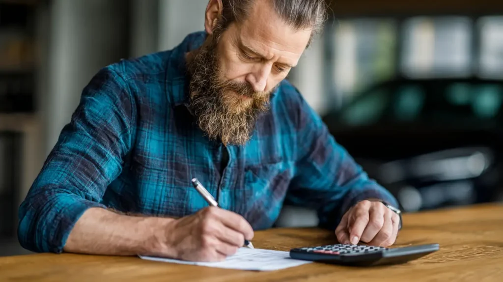 Man räknar på sina billånekostnader med penna och kalkylator.