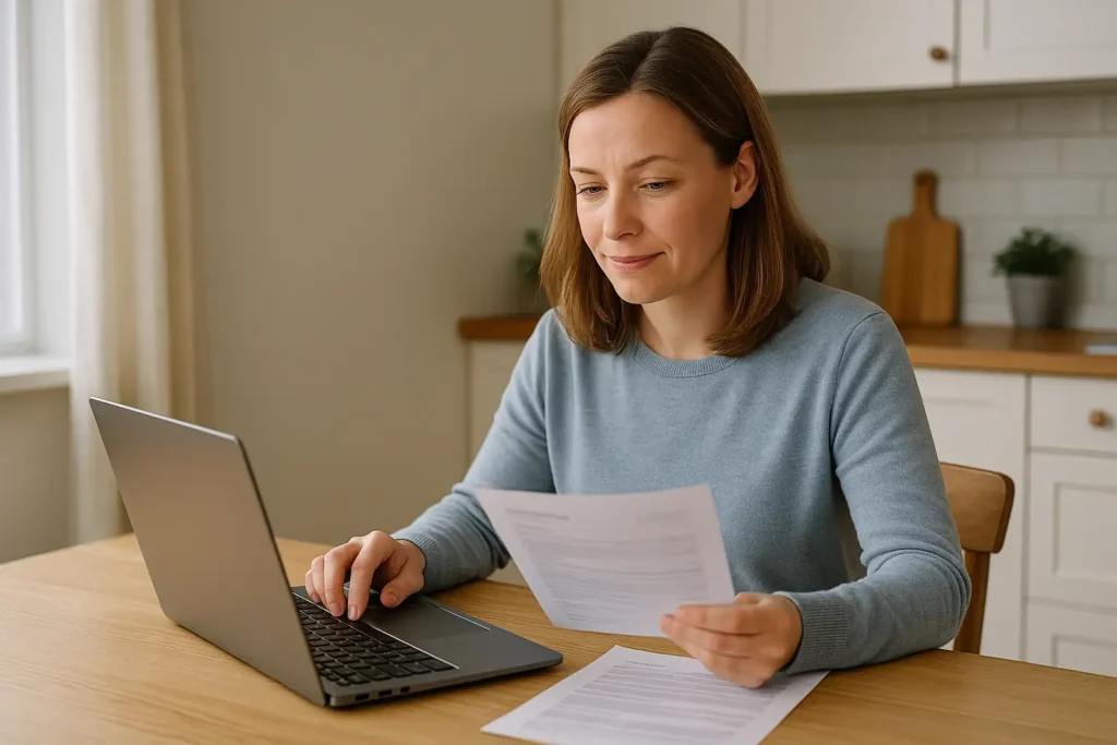 Svensk person som går igenom bolånehandlingar vid köksbordet och jämför avgifter på datorn.