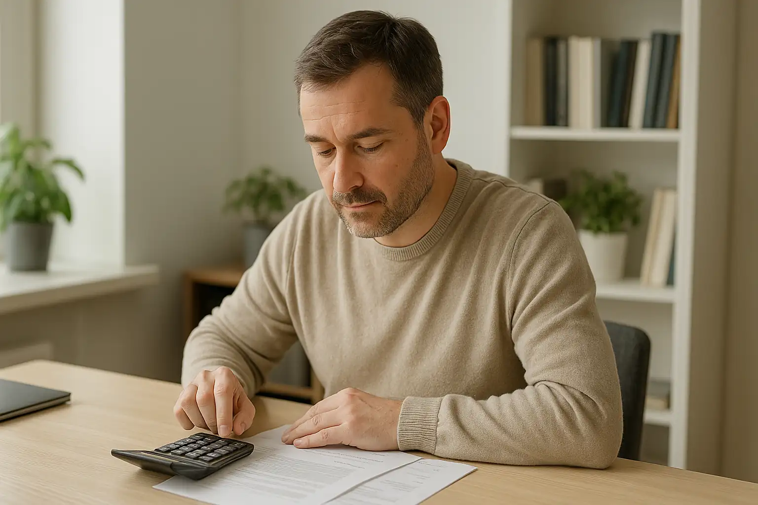 Man räknar ut bolånekostnader med papper och miniräknare i lugn hemmamiljö.