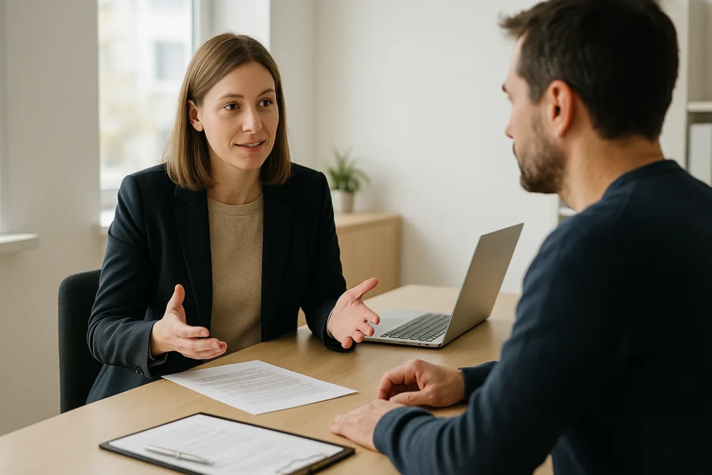 Svensk bankrådgivare förklarar kreditvärdighet för kund vid skrivbordet på ett lugnt kontor.