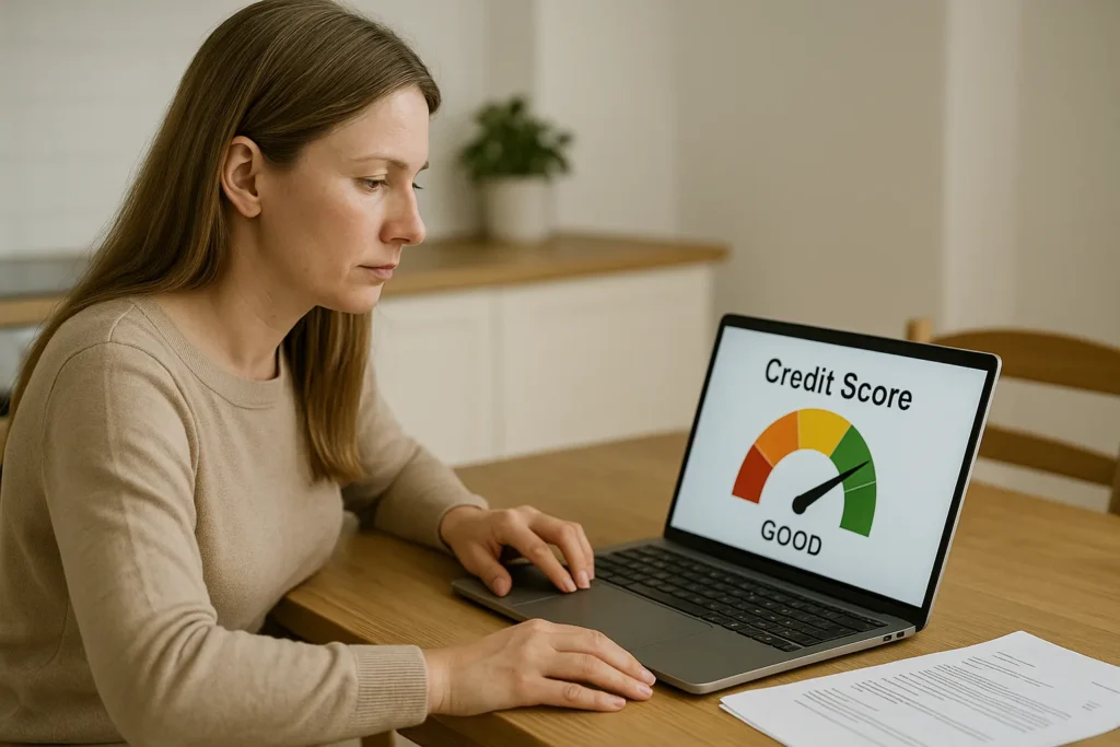 Svensk person kontrollerar sin kreditvärdighet online med laptop hemma vid köksbordet.