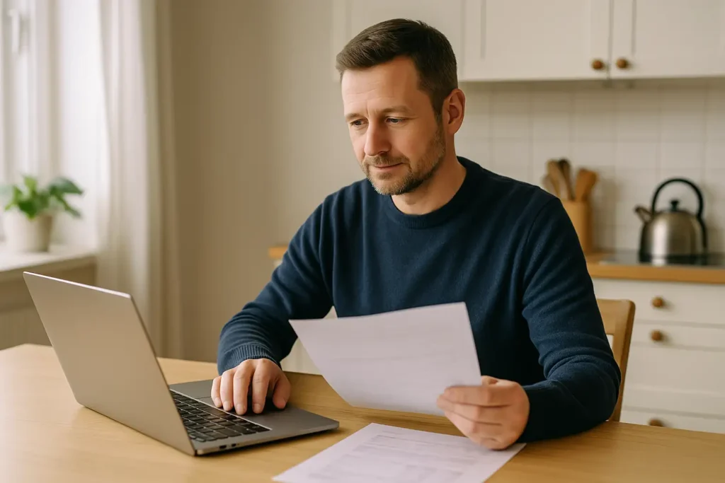 Svensk person som ser över sin ekonomi vid köksbordet med laptop och dokument.