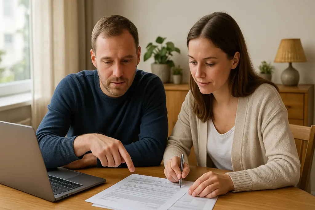Man och kvinna räknar på bolån tillsammans vid dator.
