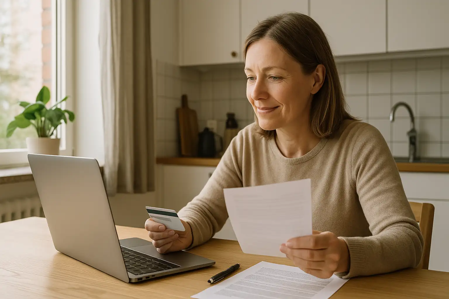 Svensk vuxen läser om kreditvärdighet och jämför kreditkort på sin laptop vid köksbordet.
