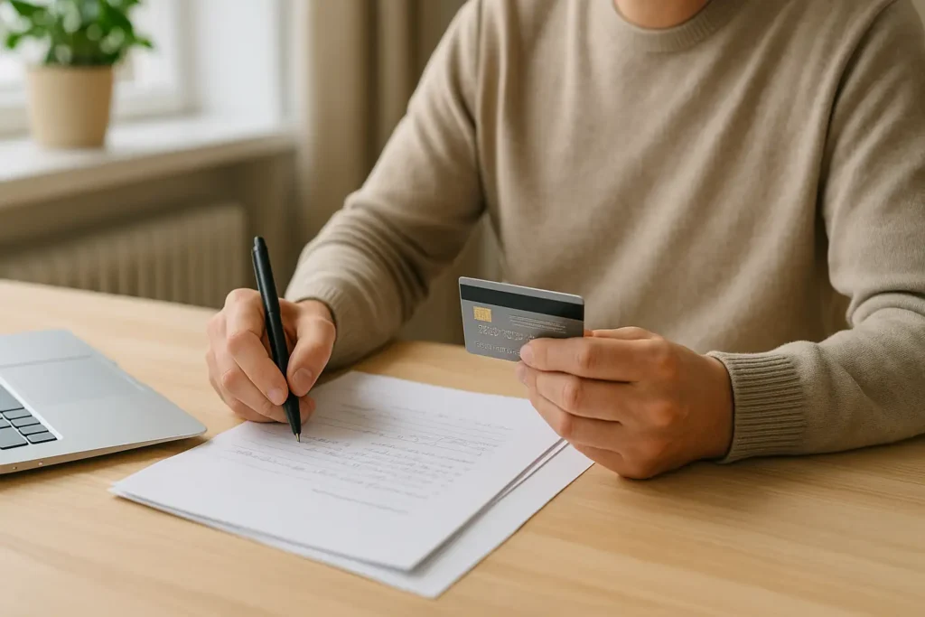 Närbild av händer som håller ett kreditkort och antecknar sin kreditvärdighet på papper.
